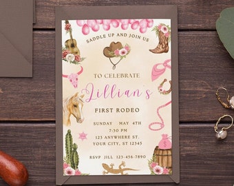 Editable My First Rodeo Invitation Template Cowgirl Birthday Invite Pink Wild West Cowgirl 1st Rodeo Southwestern Ranch  Instant Download