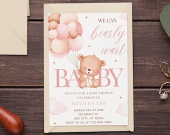 Teddy Bear Baby Shower Invitation, Pink Balloons (Editable Template, Instant Download)