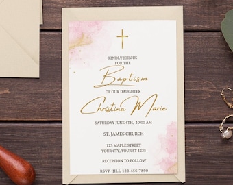 Editable Girl Baptism Invitation Template Pink Christening Invite Pink Baptismal Communion Watercolor Girls pink and Gold digital Evite