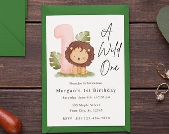 Wild One Birthday Invitation, Lion 1st Birthday Invite Wild One Invitation Printable, 1st Birthday Boy Birthday Invitation Template Evite