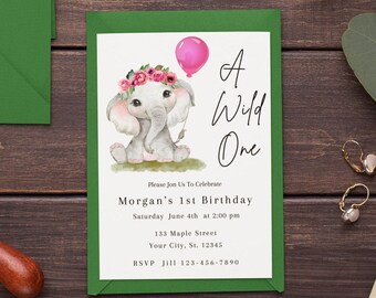Elephant First Birthday Invitation Template, Wild One Invite (Editable, Printable)