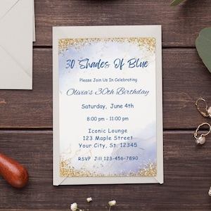 Editable Shades of Blue Invitation Blue and Gold Birthday Dinner Bridal Brunch Wedding Invitation Bridal Shower Printable Digital Invite