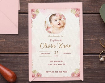 Modelo de convite de batismo para menina editável, convite de batismo com flores rosas, convite de batismo para menina, convite de batismo com flores rosas para impressão