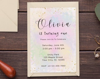 Rainbow Birthday Invitation Colorful Watercolor Gold Glitter Sprinkles Ombre Pastel Invitation 1st 2nd 3rd 4th 5th Printable Editable Invite
