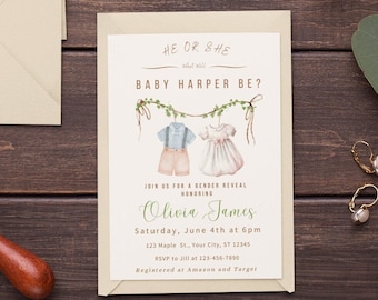Gender Reveal Invitation Template Editable Gender Reveal Invite Boho Gender Reveal Clothesline Gender Reveal Baby Clothes Gender Reveal