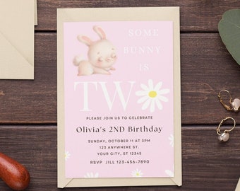 Second Birthday Invitation Template Daisy Some Bunny is Turning Two Invite Bunny Birthday Party Invitation 2nd Birthday Girl Bunny and Daisy