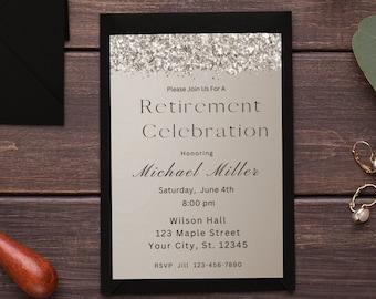 Silver Glitter Retirement Invitation Template Editable Black and Silver Retirement Party Farewell Party Retirement Dinner Invitation Evite