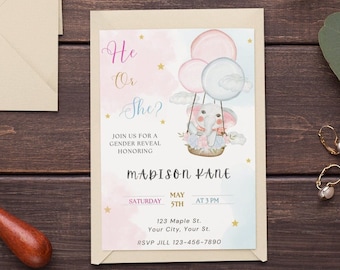 Modèle d'invitation à révéler le sexe bleu ou rose inviter garçon ou fille modèle imprimable d'invitation de baby shower éléphant modifiable à télécharger Evite