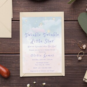 Editable Gender Reveal Invitation Template Twinkle Twinkle Little Star Gender Reveal Invite Moon and Gold Stars Theme Blue Pink Cloud Invite