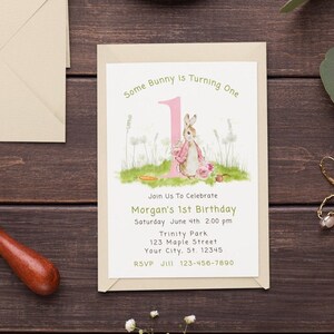 Peter Rabbit First Birthday Invitation Template Editable Invitation Pink Rustic Bunny 1st Birthday Girl Party Printable Instant Download