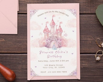 Mädchen-Geburtstags-Einladung Vorlage Prinzessin Geburtstag Party einladen Rosa Prinzessin Schloss Einladung Märchen-Prinzessin Einladung Printable
