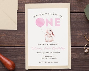 Bunny First Birthday Invitation, Editable Template (Printable Download)