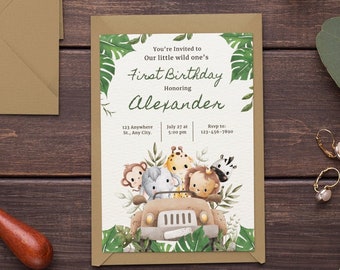 EDITABLE Safari First Birthday Invitation Wild One 1st Birthday Invite Gold Jungle Animals invitations Printable template Instant Download