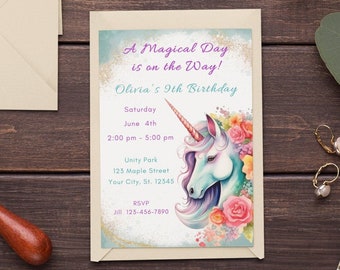 Unicorn Birthday Invitation Template Editable Magical Day Birthday Invitation Girl 9th Birthday Invitation Glitter Pastel Unicorn Invite