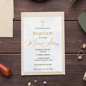 Baptism Boy Invitation Template Blue Christening Invitation Light Blue Watercolor Boy Blue Silver Printable Baptismal Invitation boy baptism