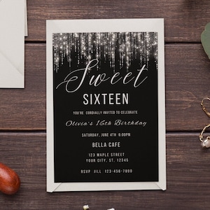 Editable Sweet 16 Birthday Invitation Template Black and silver Invitation black and diamond invite 16th birthday sweet sixteen party invite
