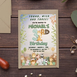 EDITABLE Third Birthday Invitation template Young wild and three Birthday Invite Safari Animals invitation 3rd birthday invitation Printable