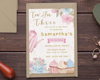 Third Birthday Invitation Template Tea For Three 3rd Birthday Tea Party Invite blue Pink Gold Floral Whimsical Tea Party Instant Download