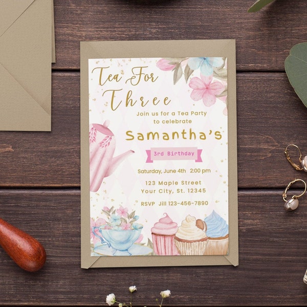 Third Birthday Invitation Template Tea For Three 3rd Birthday Tea Party Invite blue Pink Gold Floral Whimsical Tea Party Instant Download