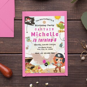 Modèle d'invitation d'anniversaire pirate fille, invitation d'anniversaire pirate, anniversaire de filles pirate rose, invitation de pirate modifiable, carte au trésor pirate