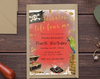 Editable Birthday Invitation Template 4th Birthday Printable Pirates Life Four Me Party Invitation Red Black Treasure Chest Digital Download