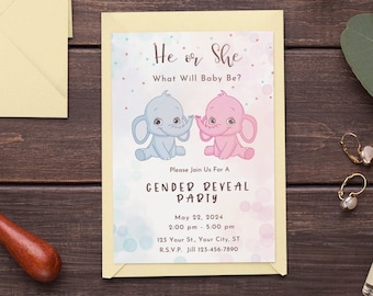 Modèle imprimable d'invitation à révéler le sexe MODIFIABLE, inviter un garçon ou une fille, modèle imprimable d'invitation de baby shower éléphant à télécharger il ou elle