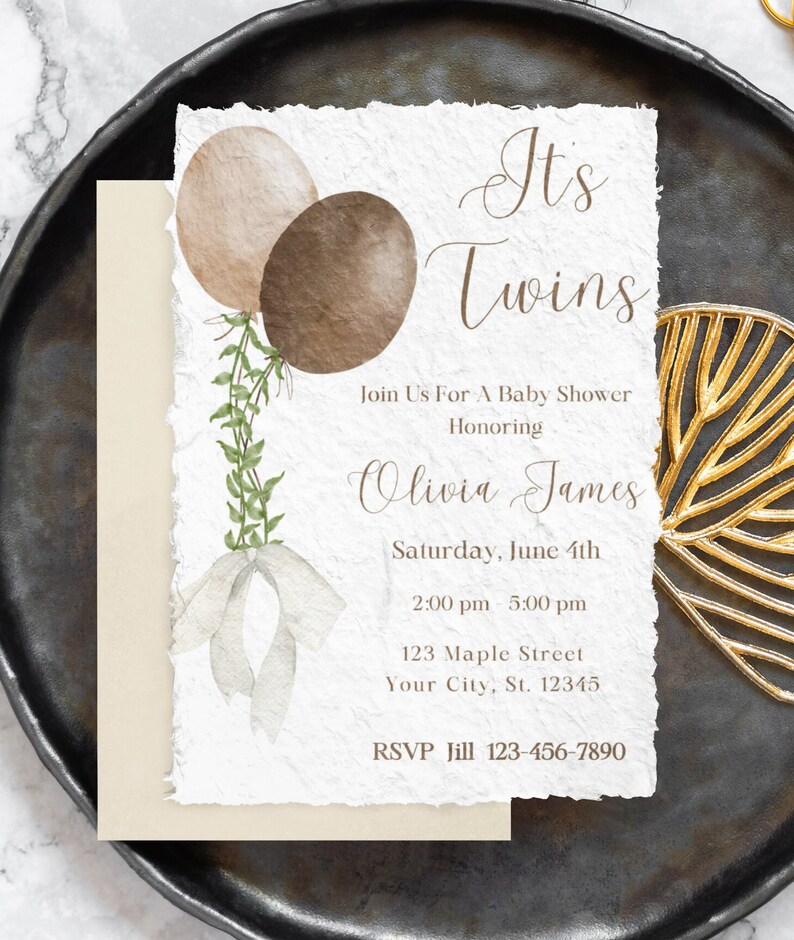 Editable Twins Baby Shower Invitation Template Neutral Watercolor Twins Balloon Baby Shower ...