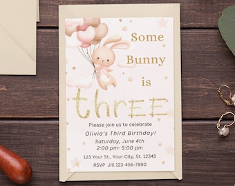 Bunny Third Birthday Invitation Template (Digital Download)