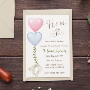 Bearbeitbare Gender Reveal Einladungsvorlage Druckbare Aquarell Ballon Gender Reveal Invite DIGITAL DOWNLOAD Junge oder Mädchen rosa und blau