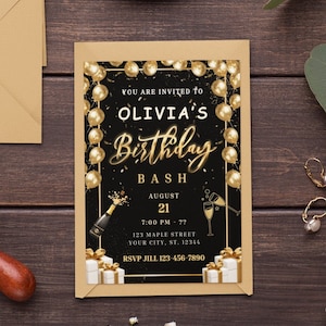 Black and Gold Birthday Invitation Template Adult Birthday Party Invite Teen Men Woman Birthday Party Gold Balloons Birthday Invitation