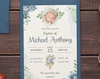 Plantilla de invitación de bautismo de niño azul Invitación de bautizo editable invitación de bautizo de vegetación floral azul Invitación de bautizo imprimible Descarga bautismal