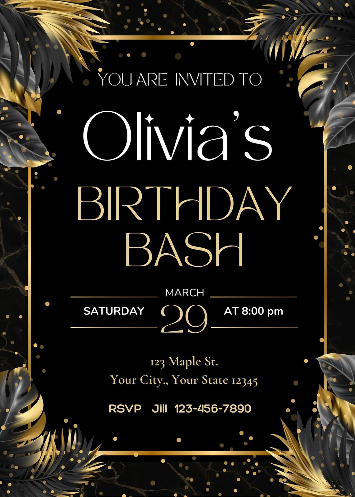 Editable Birthday Invitation Template Black and Gold Glitter Birthday ...
