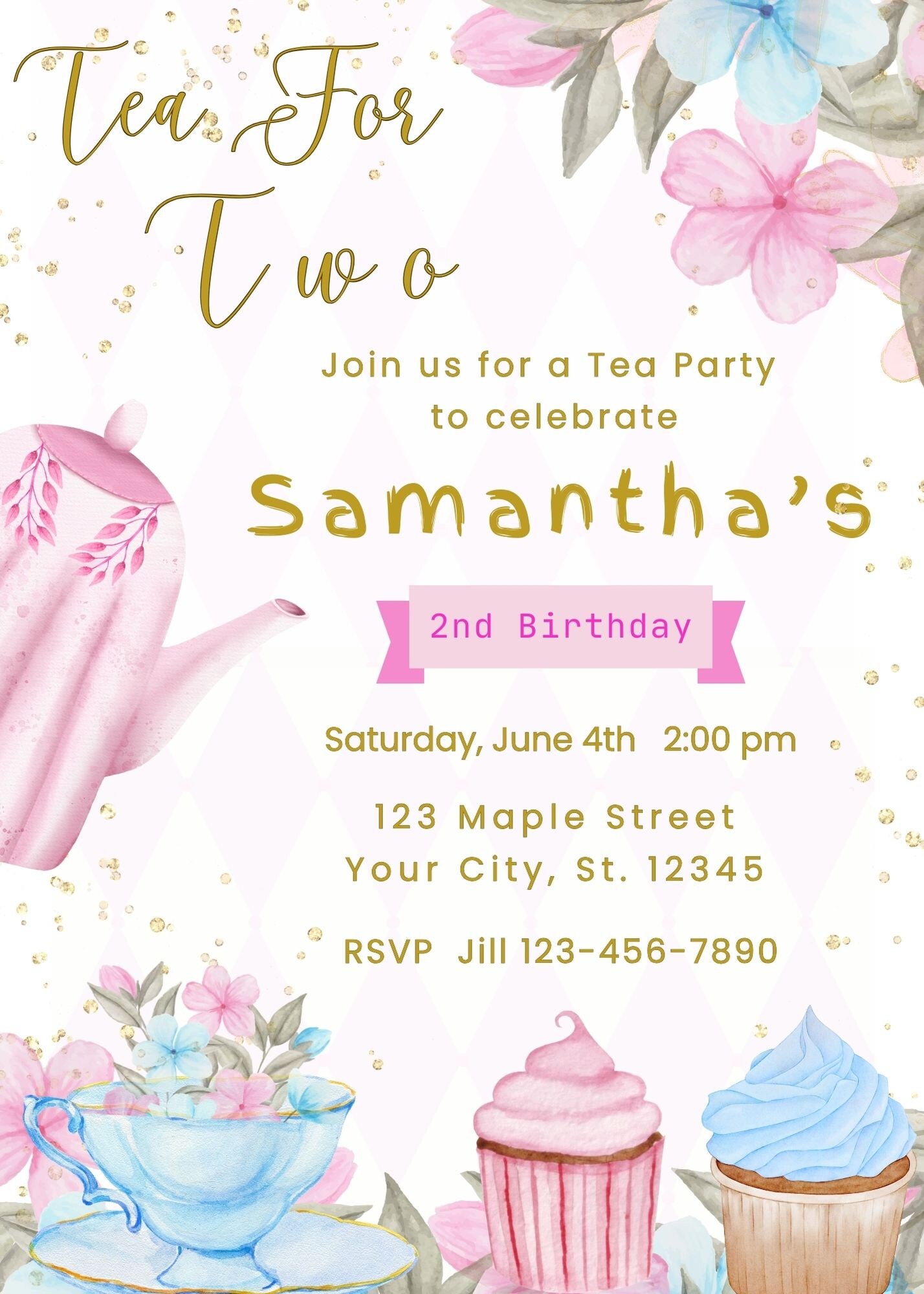 Editable Second Birthday Invitation Template Blue Pink and Gold Par-tea ...