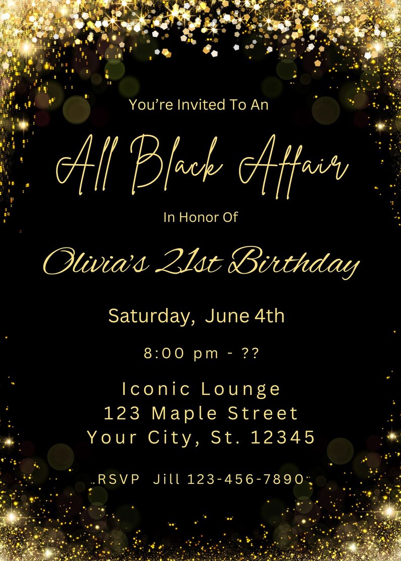 Editable 21st Birthday Invitation Template Black and Gold Invitation ...
