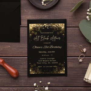 Editable 21st Birthday Invitation Template Black and Gold Invitation Gold Glitter Party Invite Editable Printable Digital Download Evite