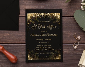 Plantilla de invitación de cumpleaños número 21 editable Invitación en negro y oro Fiesta con purpurina dorada Invitación Descarga digital imprimible editable Evite