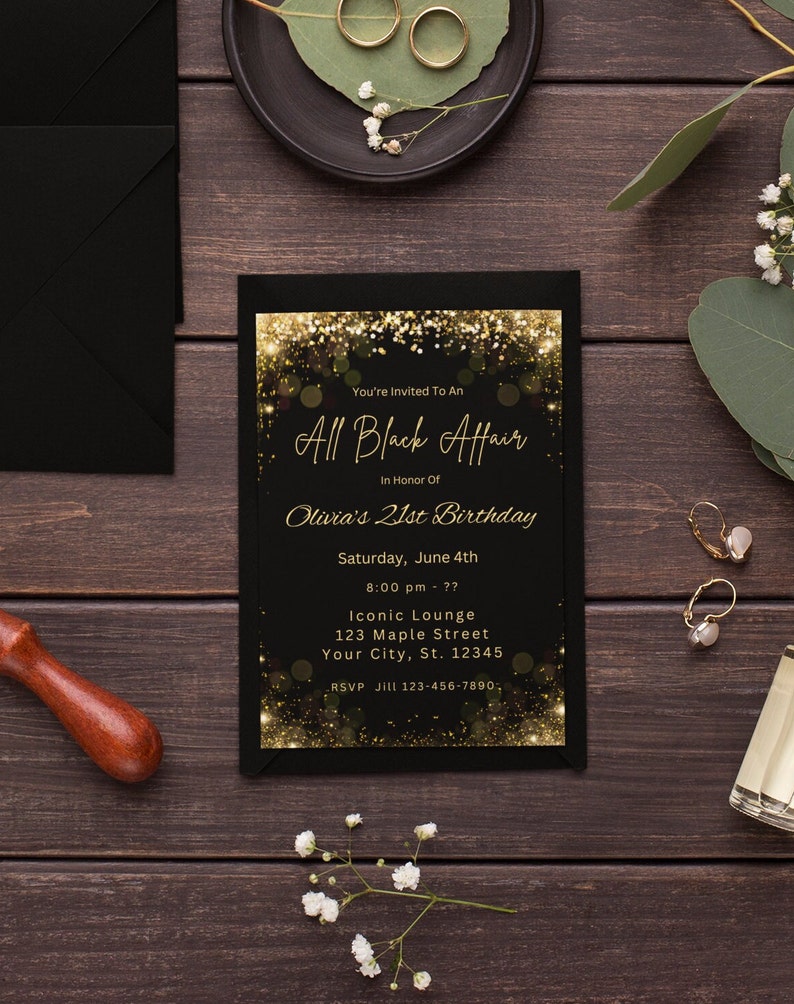 Editable 21st Birthday Invitation Template Black and Gold Invitation ...