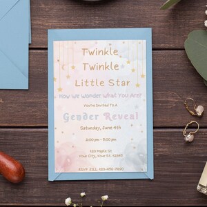Twinkle Twinkle Little Star Gender Reveal Invitation Template Gold Moon and Stars Gender Reveal Party Invite He Or She Boy Or Girl Download