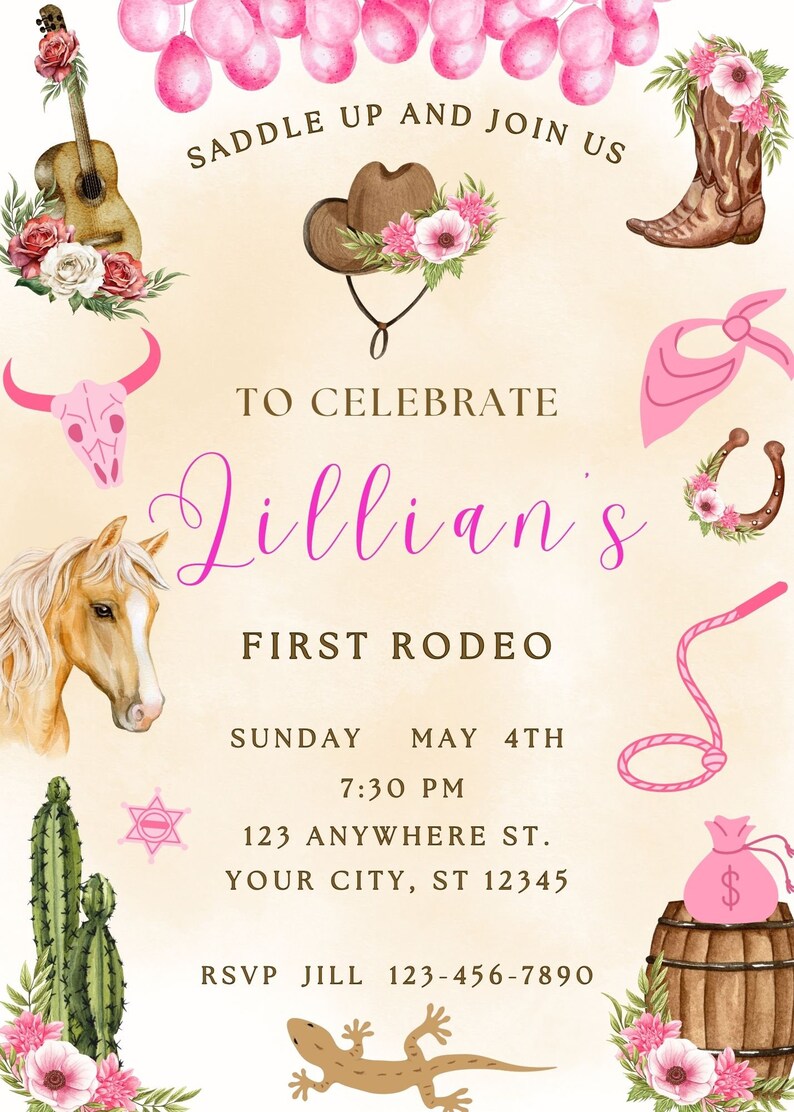 Editable My First Rodeo Invitation Template Cowgirl Birthday Invite ...