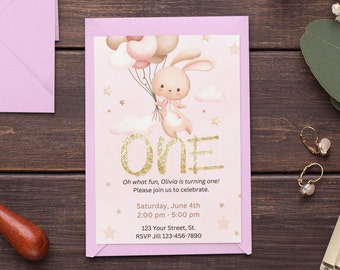 Bunny Birthday Invitation 1st birthday Pink balloon Rabbit Party Invite Blush Some Bunny first Birthday Template Instant Download Editable