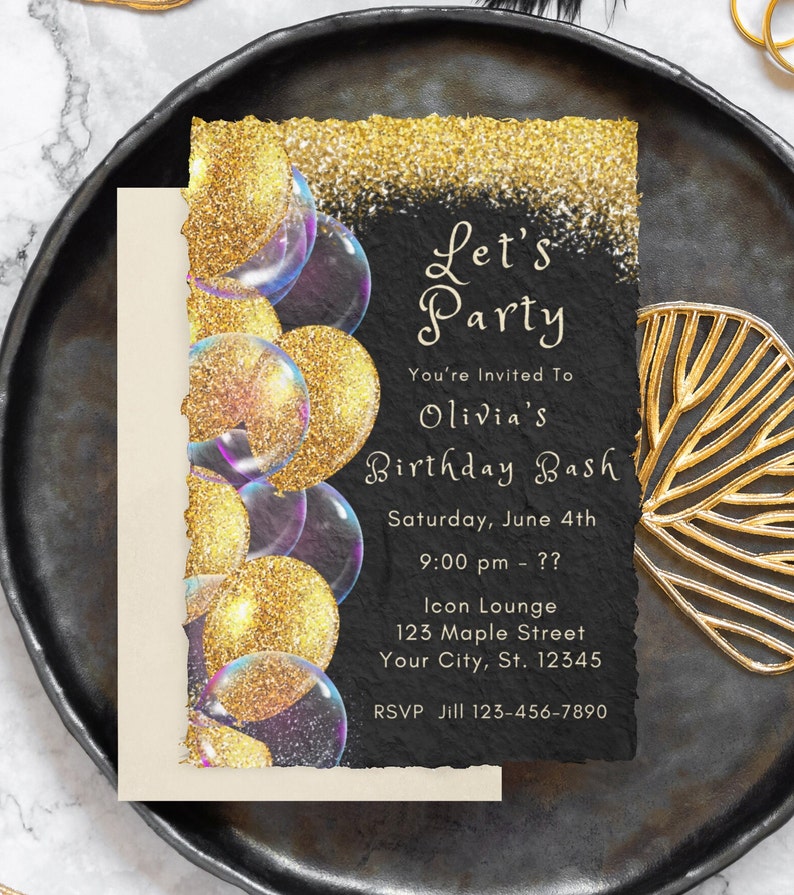 Editable Black and Gold Birthday Invitation Template Black Birthday ...