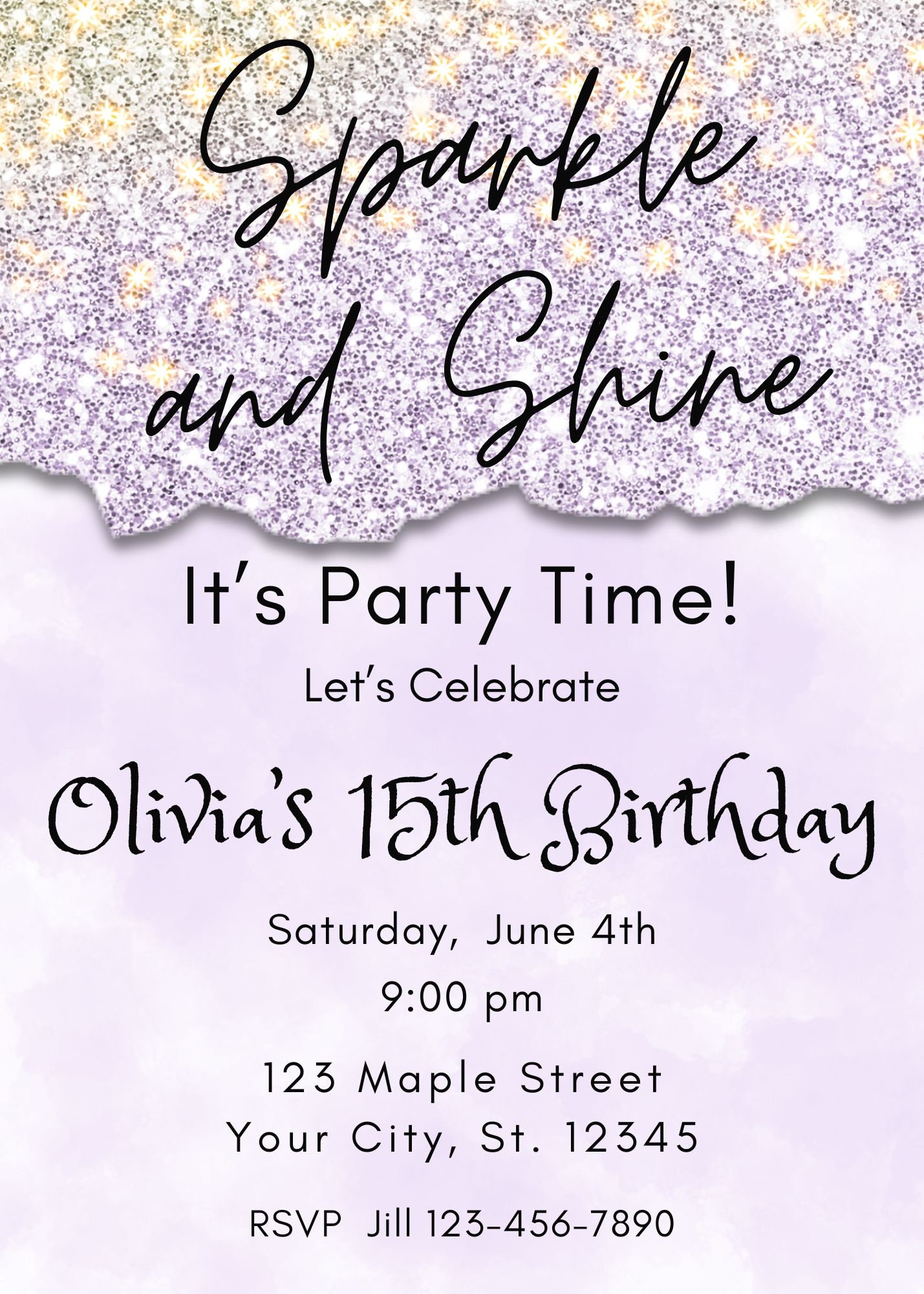 Editable 15th Birthday Invitation Template Purple Glitter Birthday ...