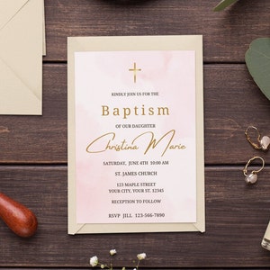 Editable Girl Baptism Invitation Template Girl Baptism Invite Pink Christening Invite Pink Watercolor Girl Christening instant download