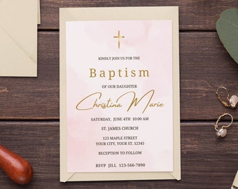 Editable Girl Baptism Invitation Template Girl Baptism Invite Pink Christening Invite Pink Watercolor Girl Christening instant download