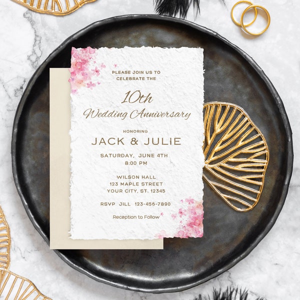 10th Anniversary Invitation 10th Wedding Anniversary Editable Invitation Template Pink Floral Anniversary Party Instant Download Printable