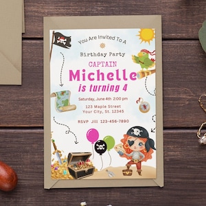Modèle d'invitation de fête d'anniversaire pirate fille modifiable Invitation au trésor de pirate Rose carte au trésor de fête de pirate Pirate Téléchargement immédiat