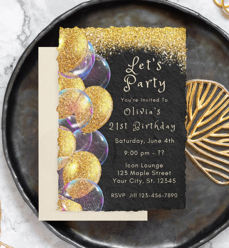 21st Birthday Invitation Template Black and Gold Invitation Gold ...
