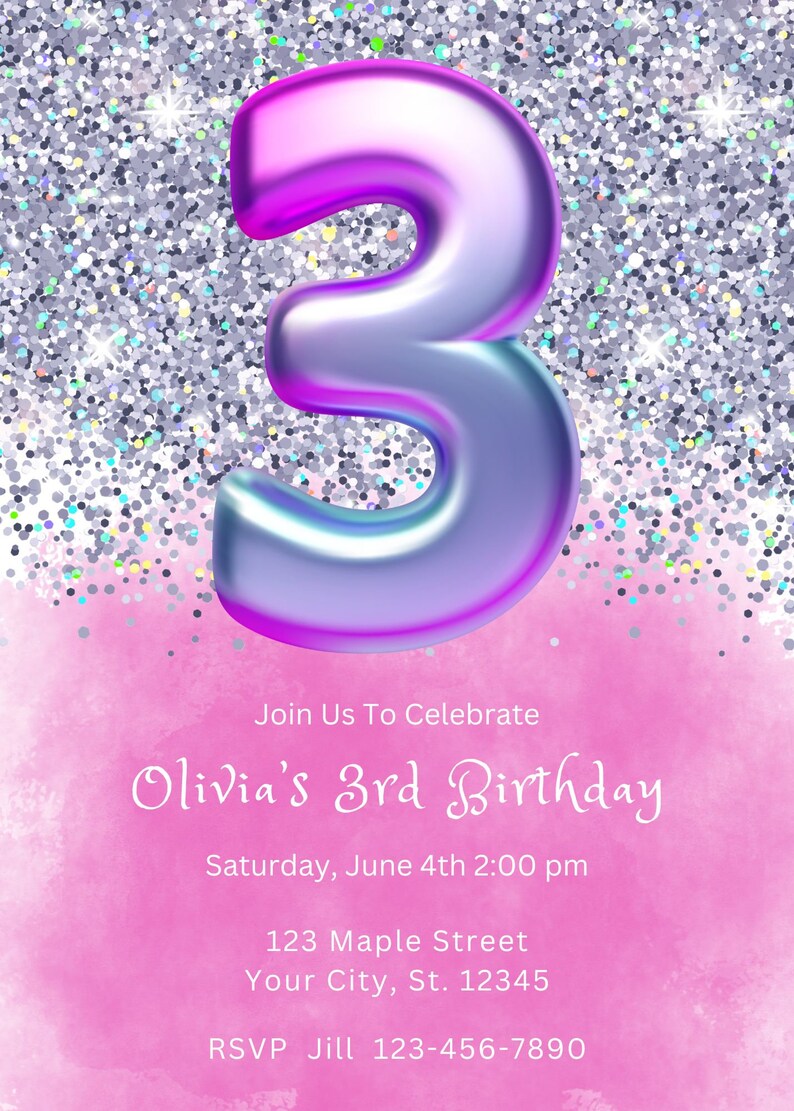 Editable Pink 3rd Birthday Invitation Template Glitter Birthday Party ...