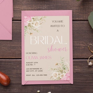 Rustic Pink Floral Bridal Shower Invitation template Rose Gold Wedding Shower Invite Boho Spring Flowers EDITABLE Shower instant Download