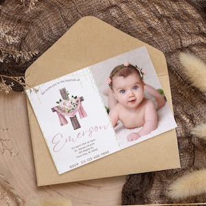 Editable Girl Baptism Invitation Template pink Boho Baptism Invite Baptism photo invitation Christening 1st Communion Instant Download